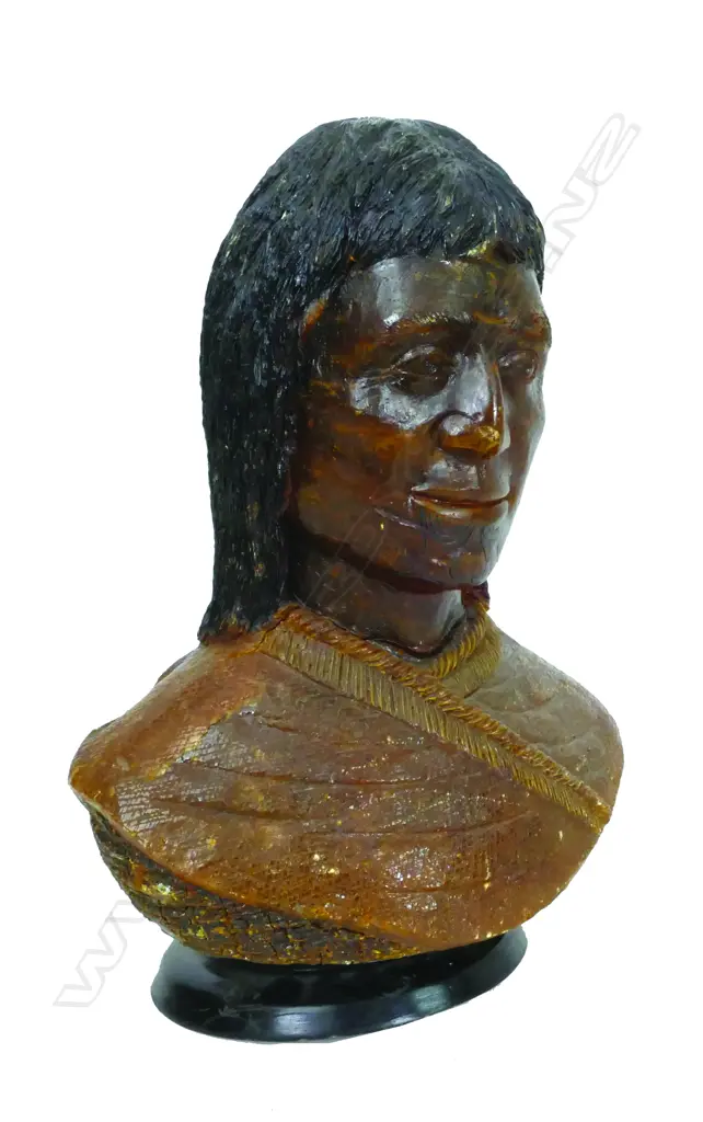 A large and rare N.Z. colonial kauri gum portrait bust of a Maori wahine Image 1++