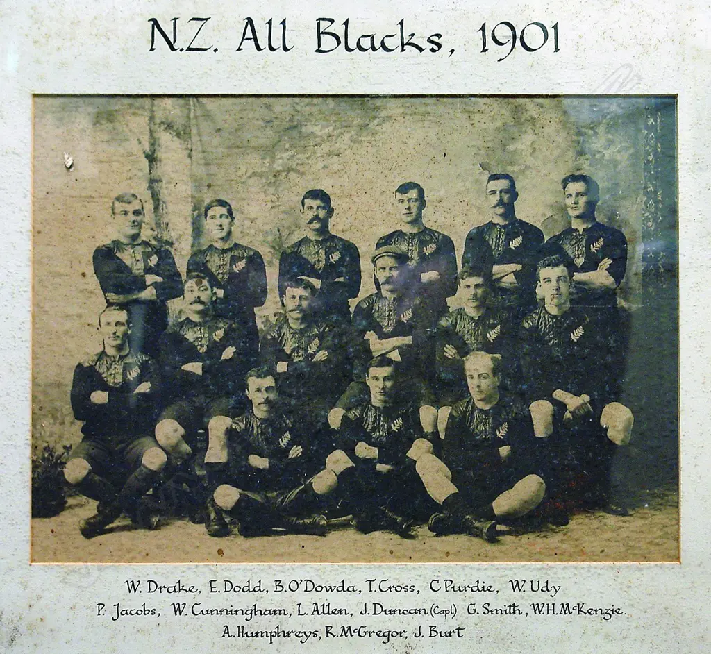 A vintage black and white photographic image of the 'N.Z All Blacks Image 1++