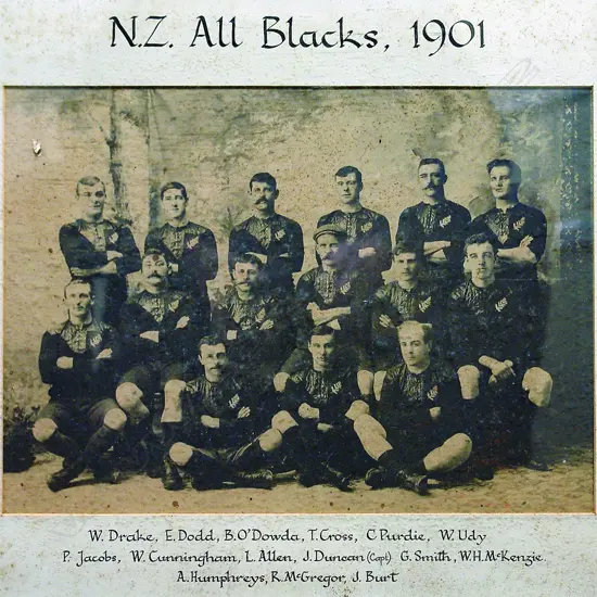 A vintage black and white photographic image of the 'N.Z All Blacks