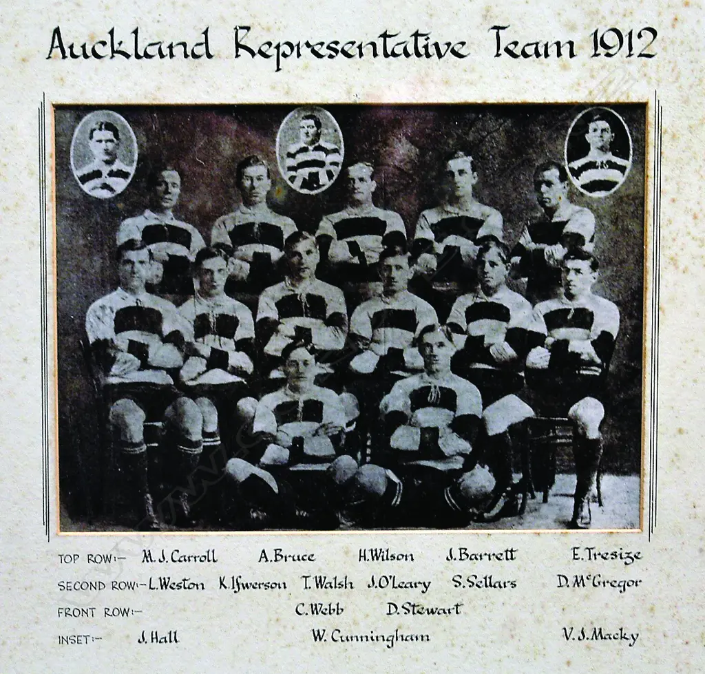 A vintage black and white photographic image of the 'Auckland Representative Team 1912' Image 1++