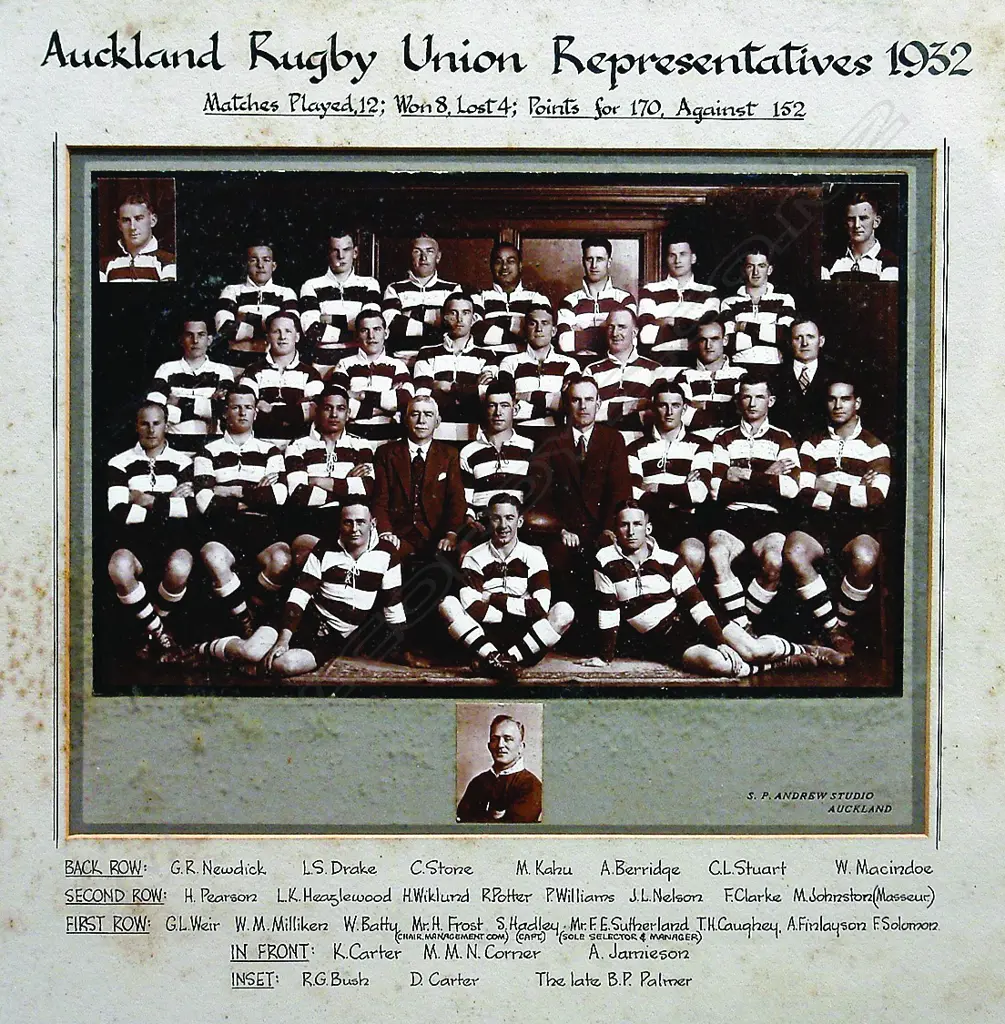 A vintage black and white photograph of the 'Auckland Rugby Union Representatives 1932' Image 1++