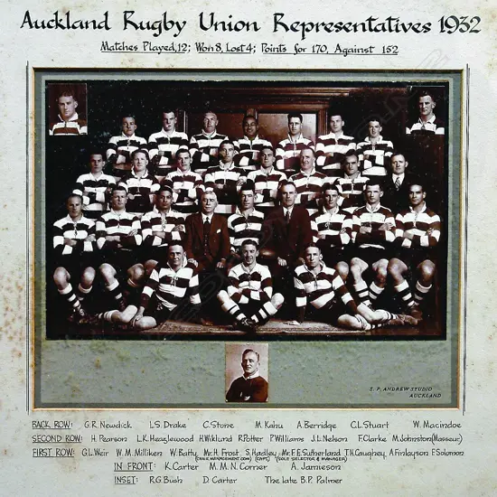 A vintage black and white photograph of the 'Auckland Rugby Union Representatives 1932'
