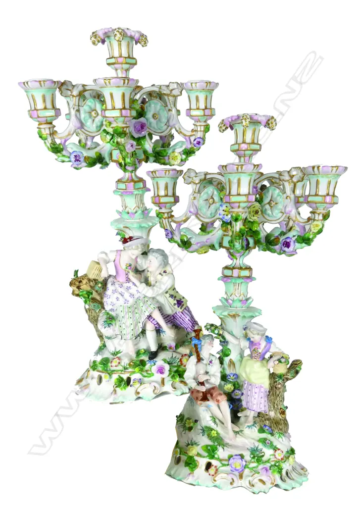 A pair of 19thC German Meissen porcelain six-light five-branch table candelabra Image 1++