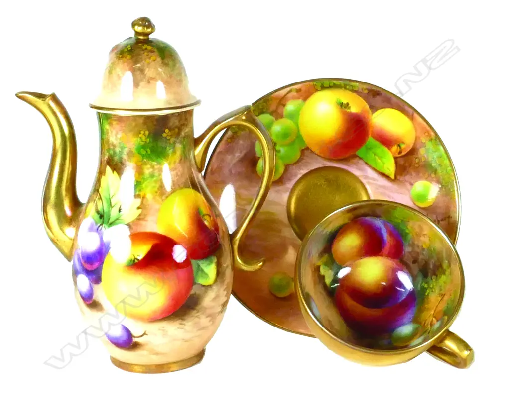 A Royal Worcester hand painted fruit mini coffee pot and cup and saucer Image 1++