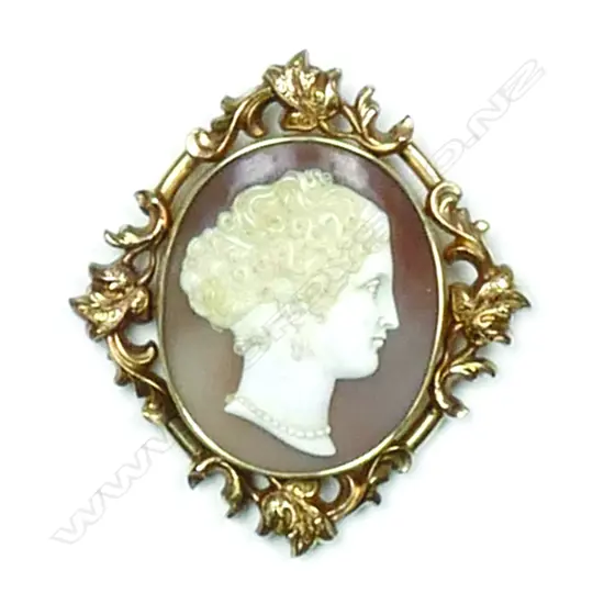 A 19thC 9ct. yellow gold fancy framed carved cameo pendant/brooch