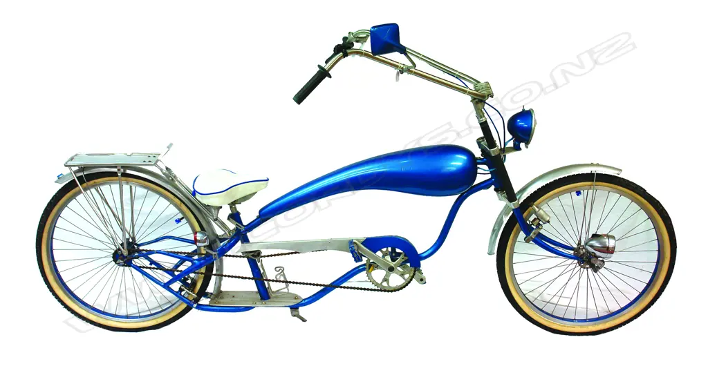 A c.2004 long low custom-built blue bicycle by Bob Pipe Image 1++