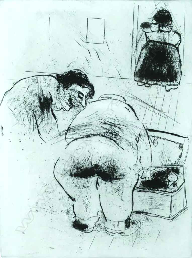 Marc Chagall (1887-1985) 'Notre héros tenait a etre pret' ['Our heroes believe in being ready (to depart)'] original etching from the 335 impressions c.1923-27 produced for the publication of Nikolai Gogol's 'Dead Souls' Image 1++