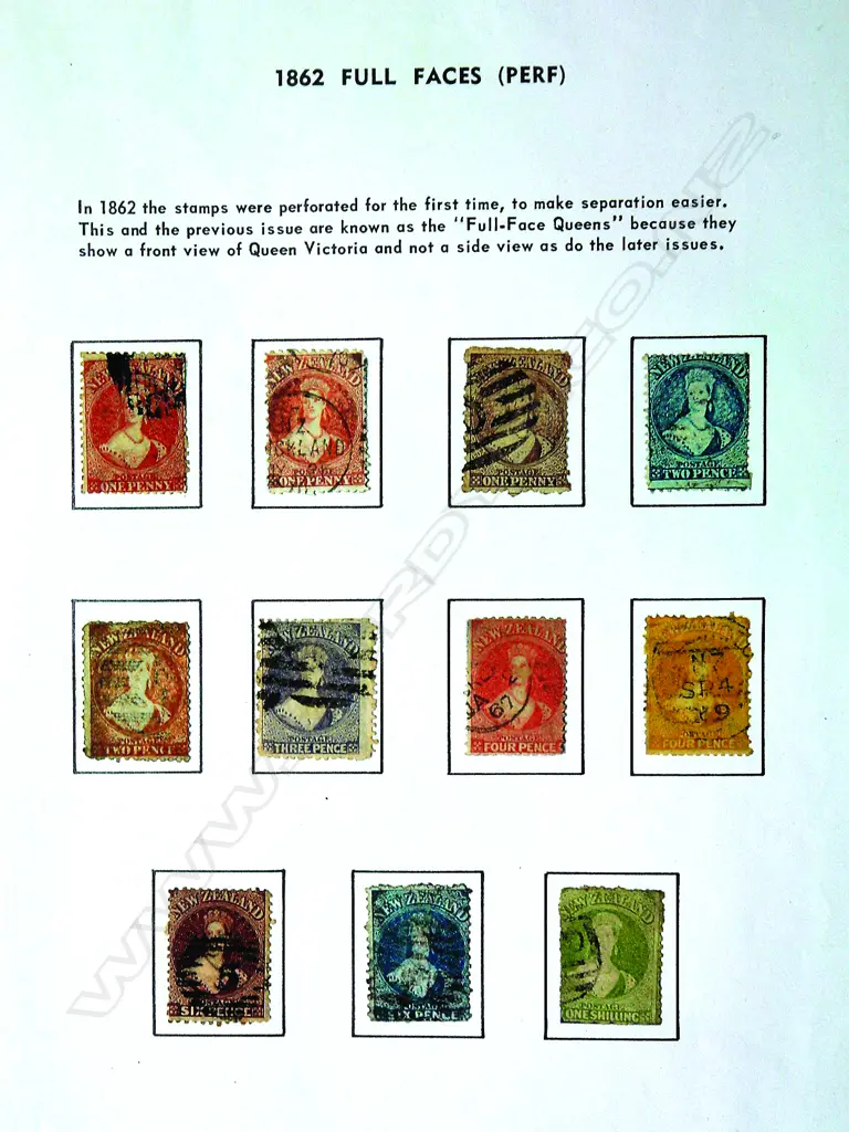 A full set of N.Z. 1862 perforated Full Face Queens stamps Image 1++