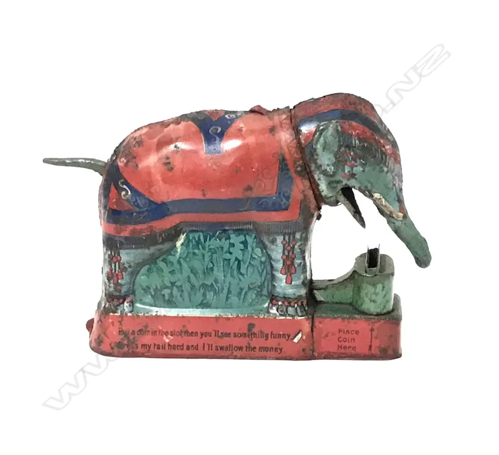 An antique tin plate Royal Trick Elephant mechanical money box Image 1++