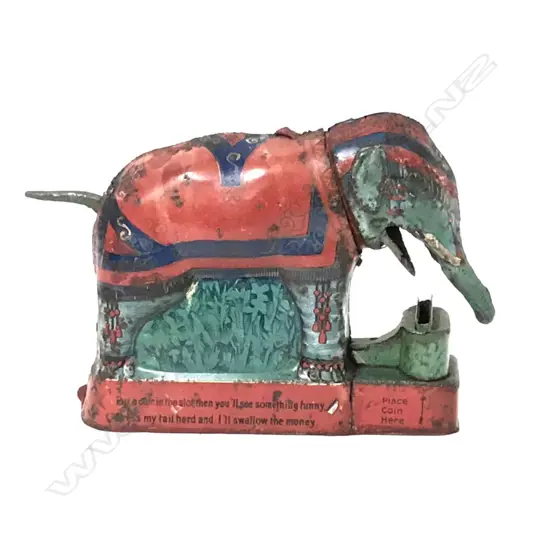 An antique tin plate Royal Trick Elephant mechanical money box