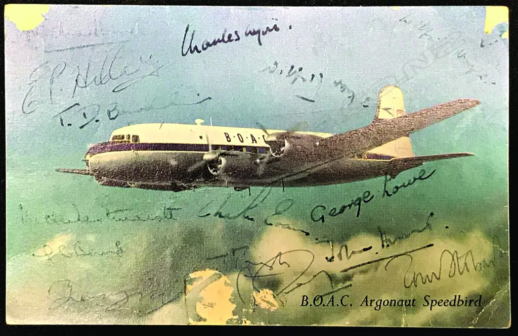 A rare autograph group of the complete 14 man 1953 British Mount Everest Expedition Team including Tenzing Norgay.   After climbing Everest in May 1953 they returned to London in July on a BOAC Argonaut Speedbird airplane Image 1++