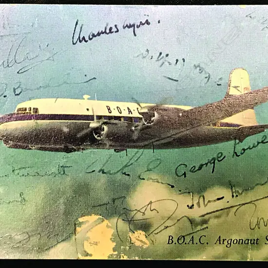A rare autograph group of the complete 14 man 1953 British Mount Everest Expedition Team including Tenzing Norgay.   After climbing Everest in May 1953 they returned to London in July on a BOAC Argonaut Speedbird airplane
