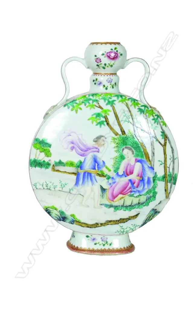 A Chinese famille rose porcelain moon flask. The flattened circular form with tulip mouth and two handles issuing from the shoulder Image 1++