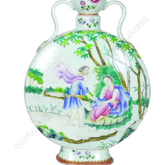 A Chinese famille rose porcelain moon flask. The flattened circular form with tulip mouth and two handles issuing from the shoulder
