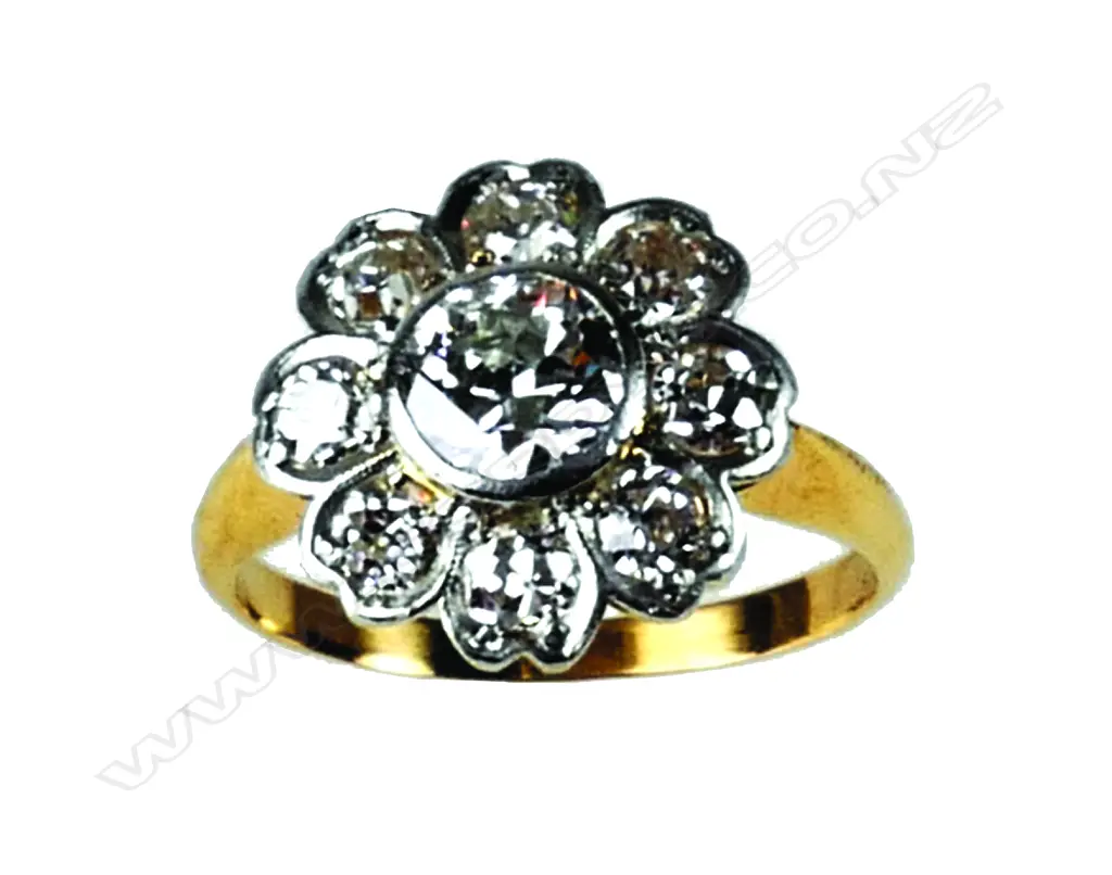 An 18ct. yellow gold and platinum diamond set cluster ring Image 1++