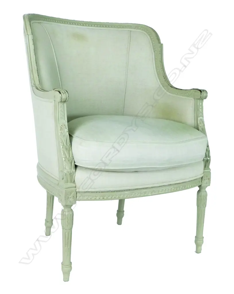 A French light grey paint finish armchair of Louis XVI style Image 1++