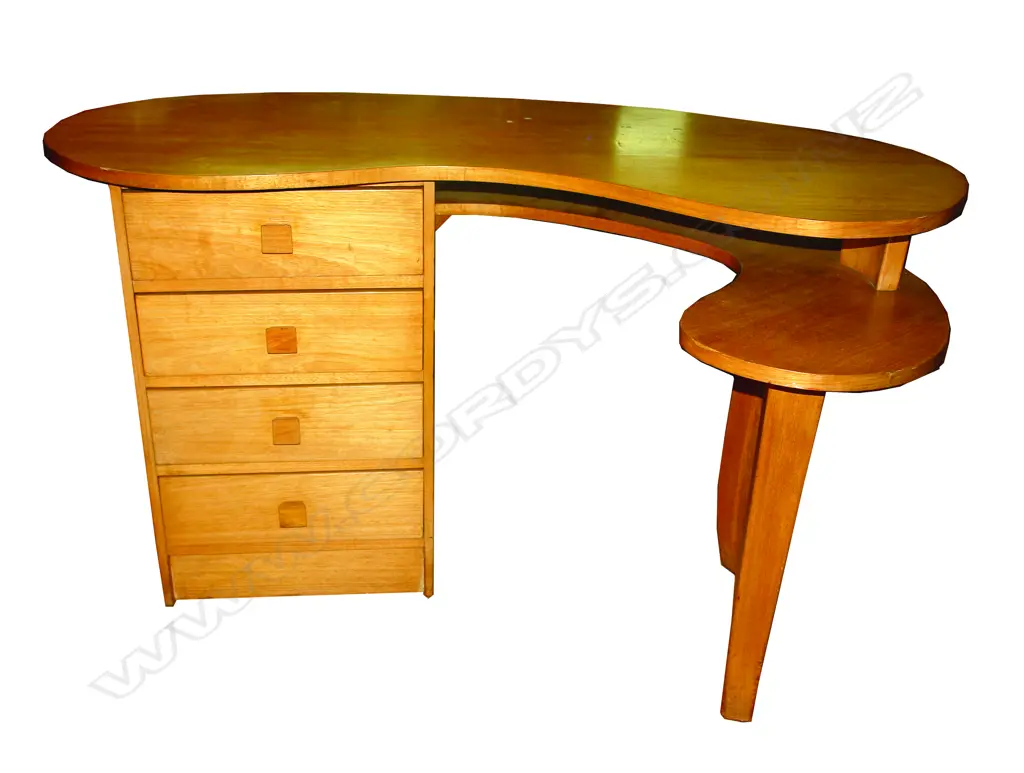 A mid-20thC exotic pale timber kidney form desk Image 1++
