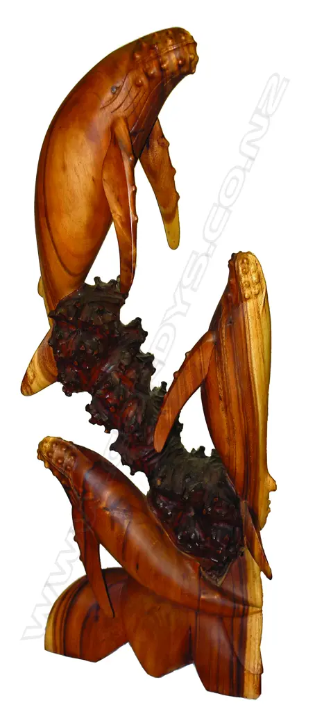 A Brian Webb (N.Z.) well carved Tasmanian blackwood carving of three leaping humpback whales Image 1++