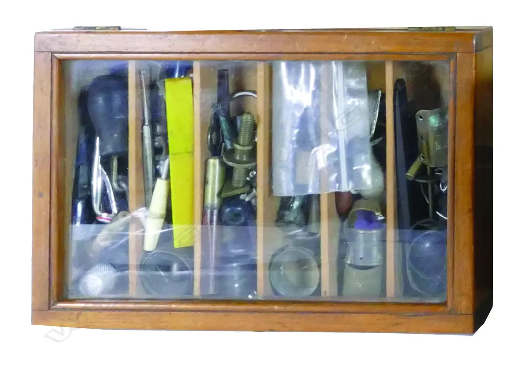 A vintage rimu display box and contents Image 1++