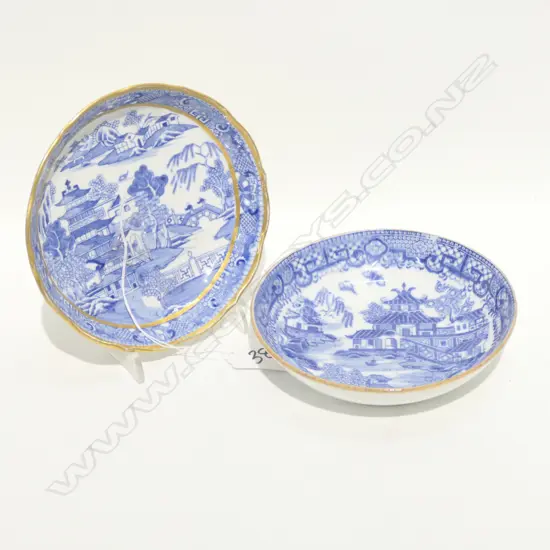 Two 18thC English blue and white tea bowls and saucers