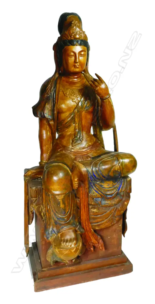 A Chinese carved wood life-size figure of Kuanyin Image 1++