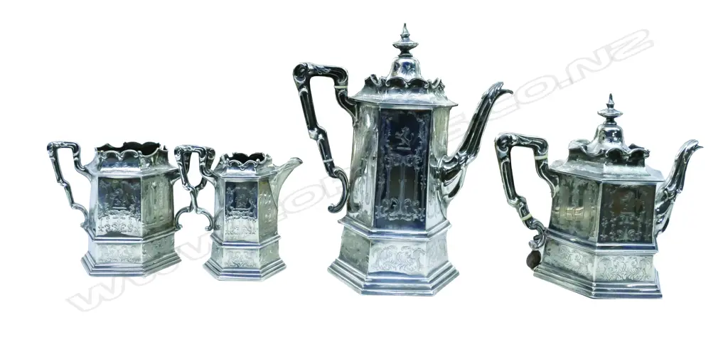 A Victorian gothic silver four-piece tea and coffee service Image 1++