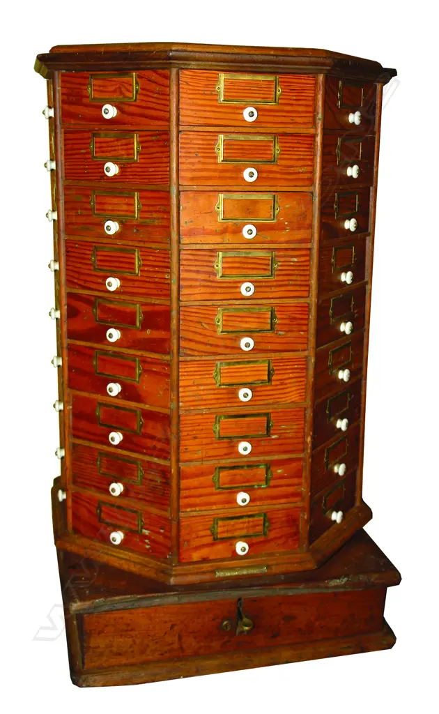 A c.1900 'The American Bolt & Screw Case Co.' revolving hardware chest/cabinet Image 1++