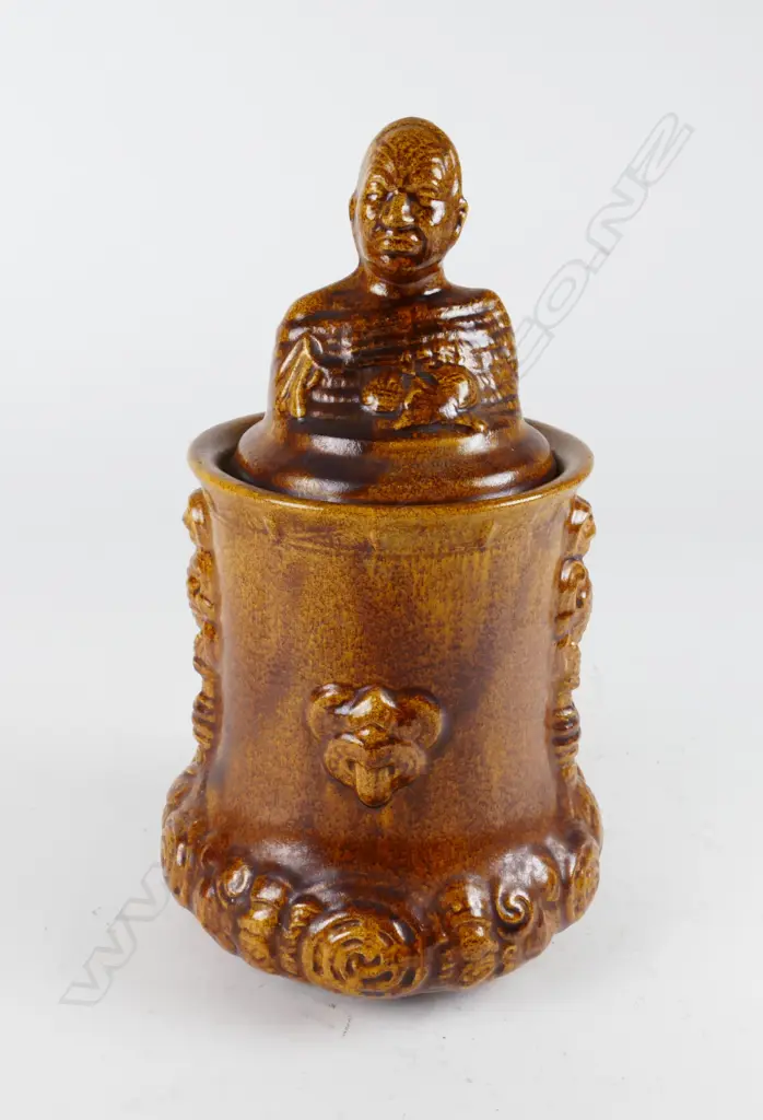 Temuka Pottery lidded Maori design tobacco jar Image 1++