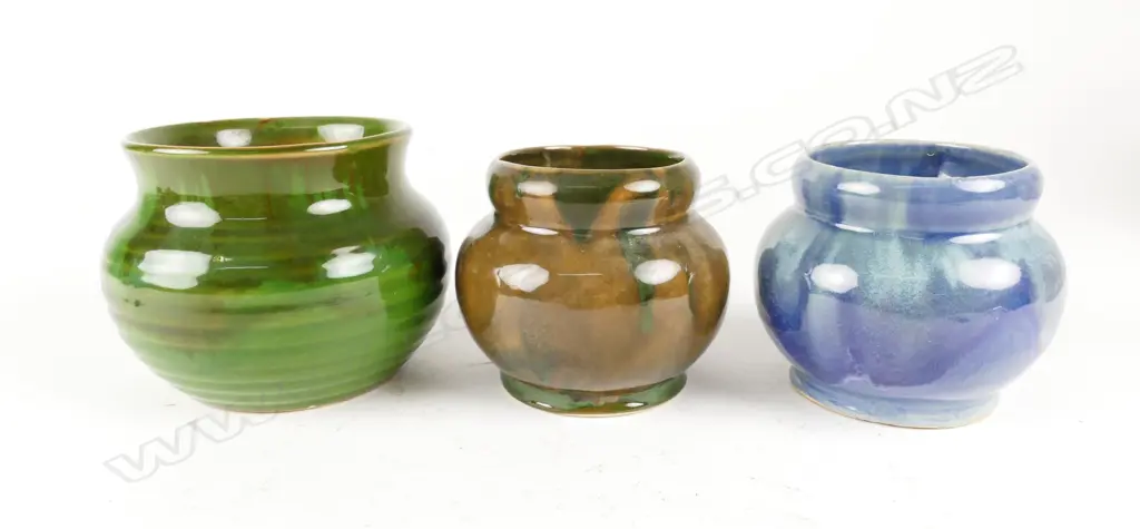 Three early Crown Lynn squat spherical vases Image 1++