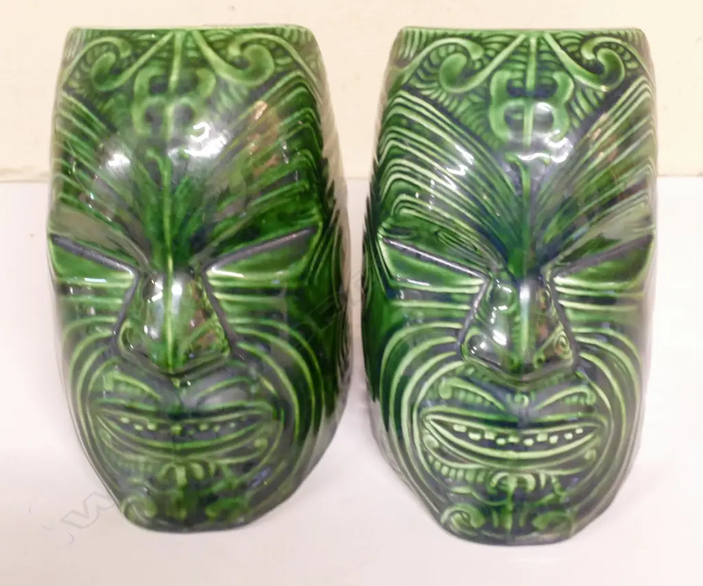 A pair of Crown Lynn Wharetana Maori Art 'Moko' book-ends Image 1++