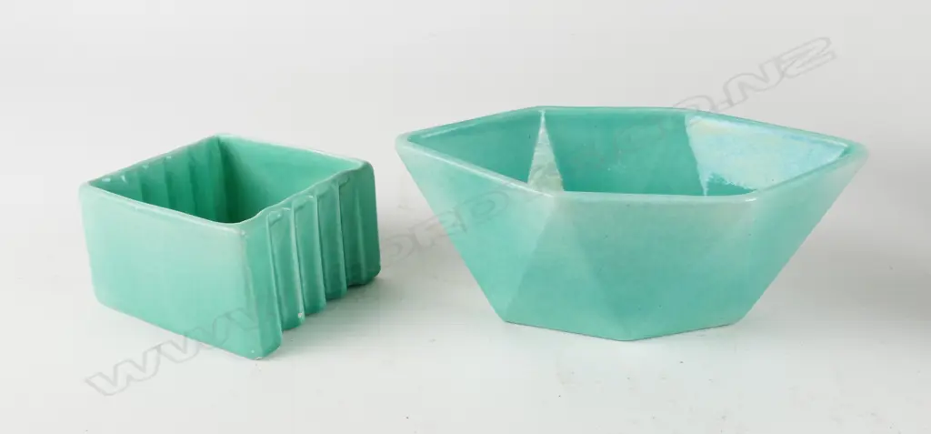 Two O.C. Stephens green glaze bowls Image 1++