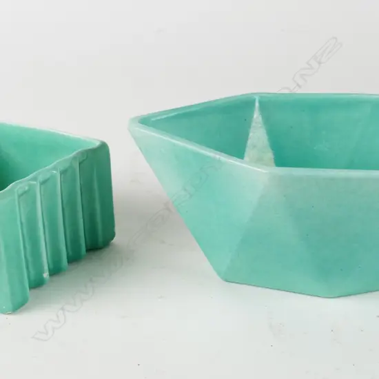 Two O.C. Stephens green glaze bowls