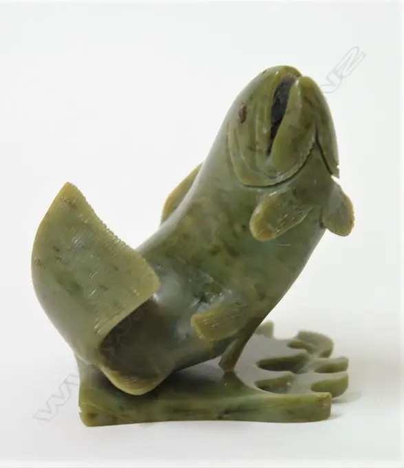A well carved N.Z Kokopu greenstone model of a leaping 'Kokopu (speckled trout) Image 1++