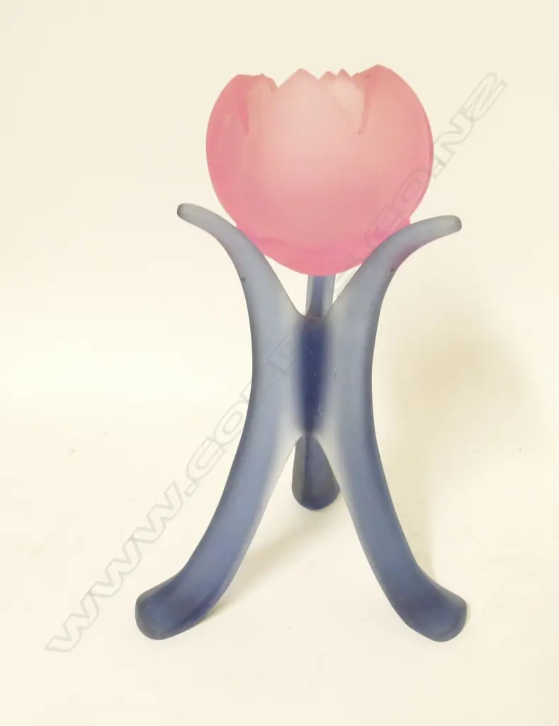 A Ron Reichs cast glass lotus flower on triform stand Image 1++