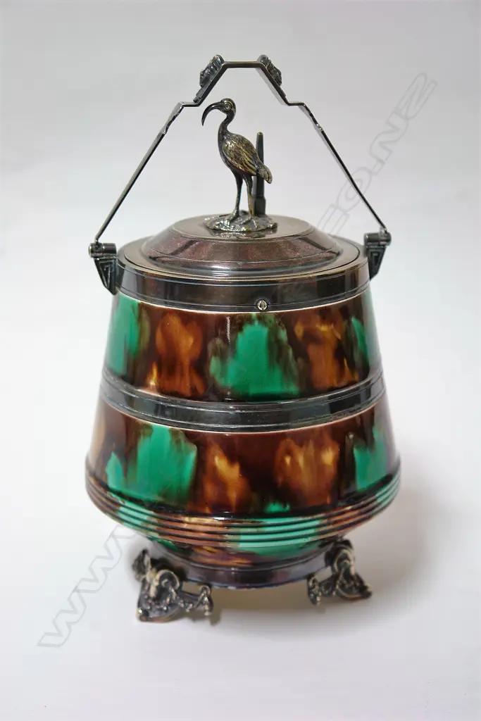 A Victorian majolica and silver plate mounted Aesthetic Movement lidded biscuit barrel Image 1++