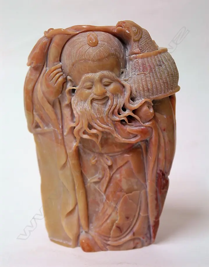 A Chinese Shoushan carved boulder as Shou Lao with long facial hair Image 1++
