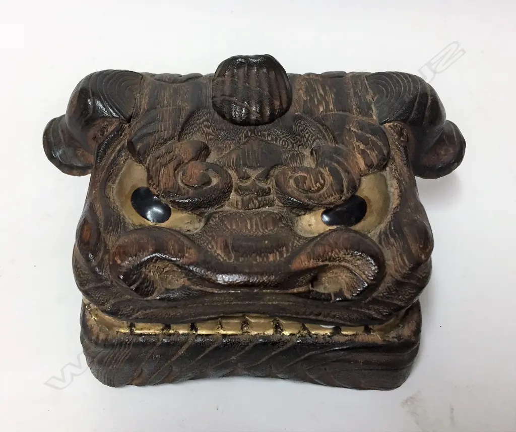 A Chinese carved bamboo square box as the head of a mythical lion Image 1++