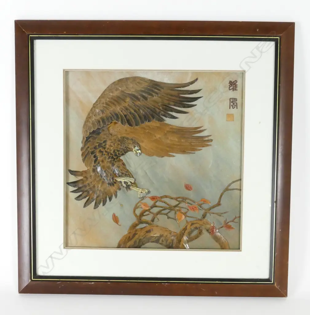 A Chinese collage picture of an eagle alighting on a wind swept bough Image 1++
