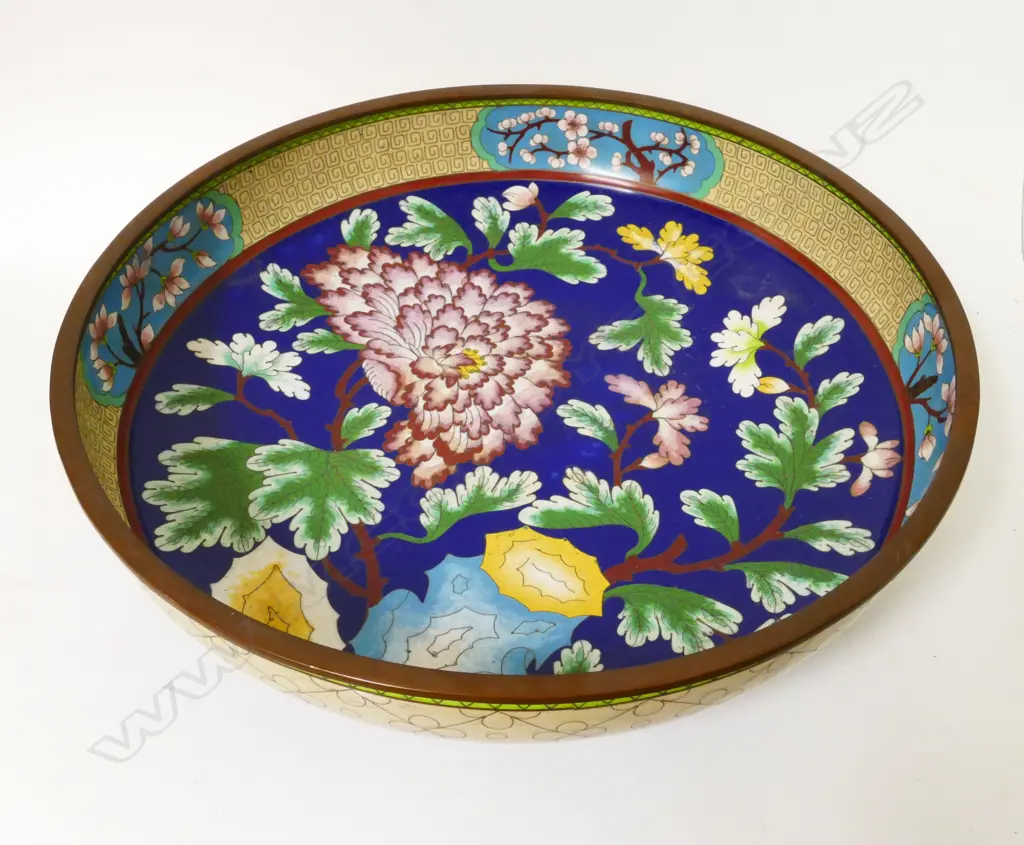 A large Chinese cloisonné circular dish on low foot Image 1++