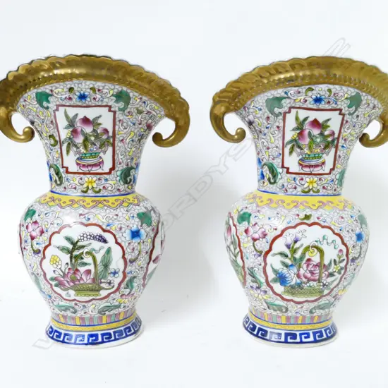 A pair of Chinese porcelain Canton enamel decorated vases