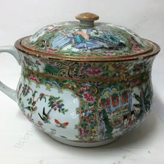 A 19thC Chinese famille rose lidded chamber pot