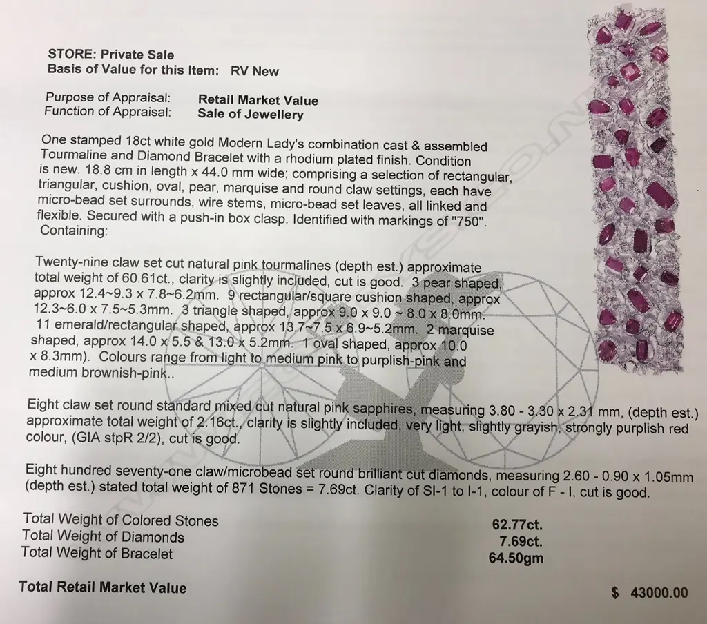 An impressive 18ct. white gold diamond and rubellite set wide cocktail bracelet Image 1++