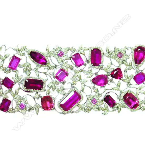 An impressive 18ct. white gold diamond and rubellite set wide cocktail bracelet