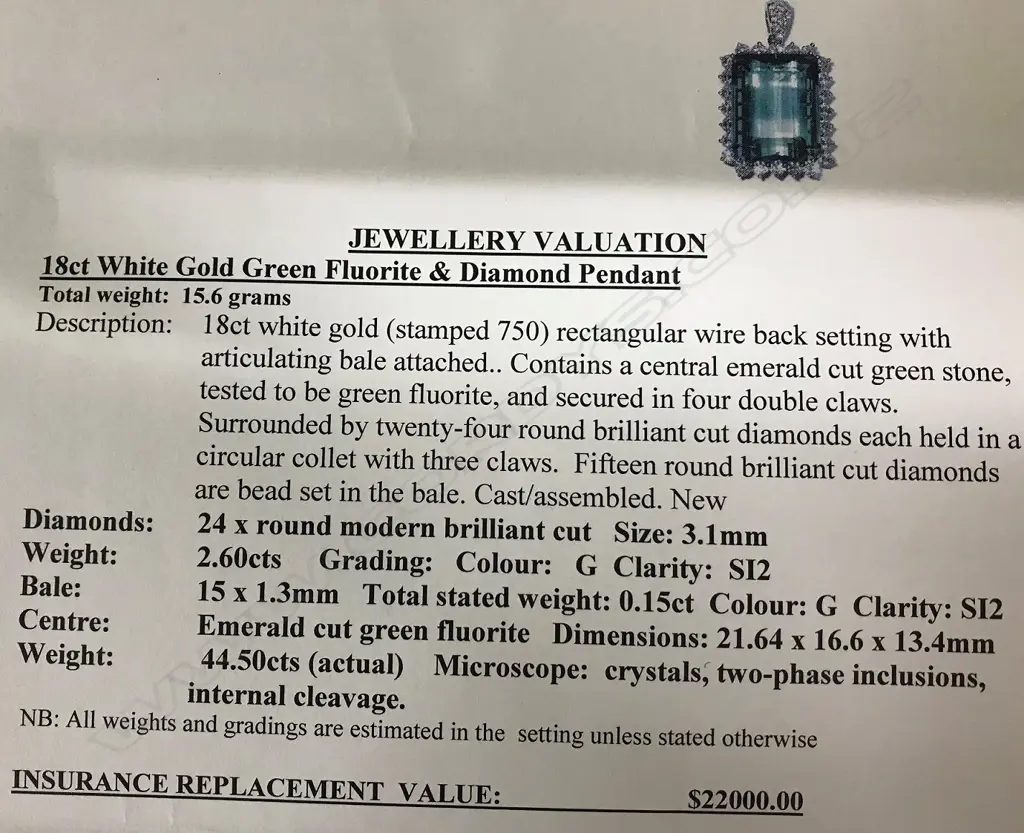 An impressive lady's 18ct. white gold green fluorite and diamond pendant Image 1++