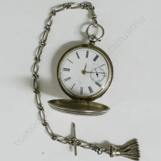 A Victorian silver hunter pocket watch and fob chain