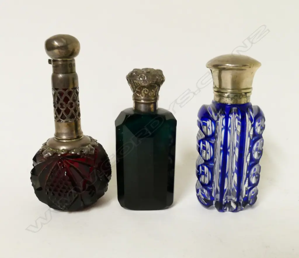 Three Victorian coloured glass scent bottles Image 1++