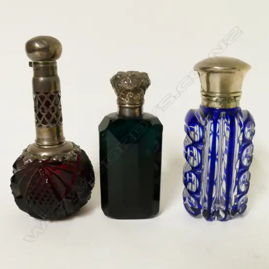 Three Victorian coloured glass scent bottles