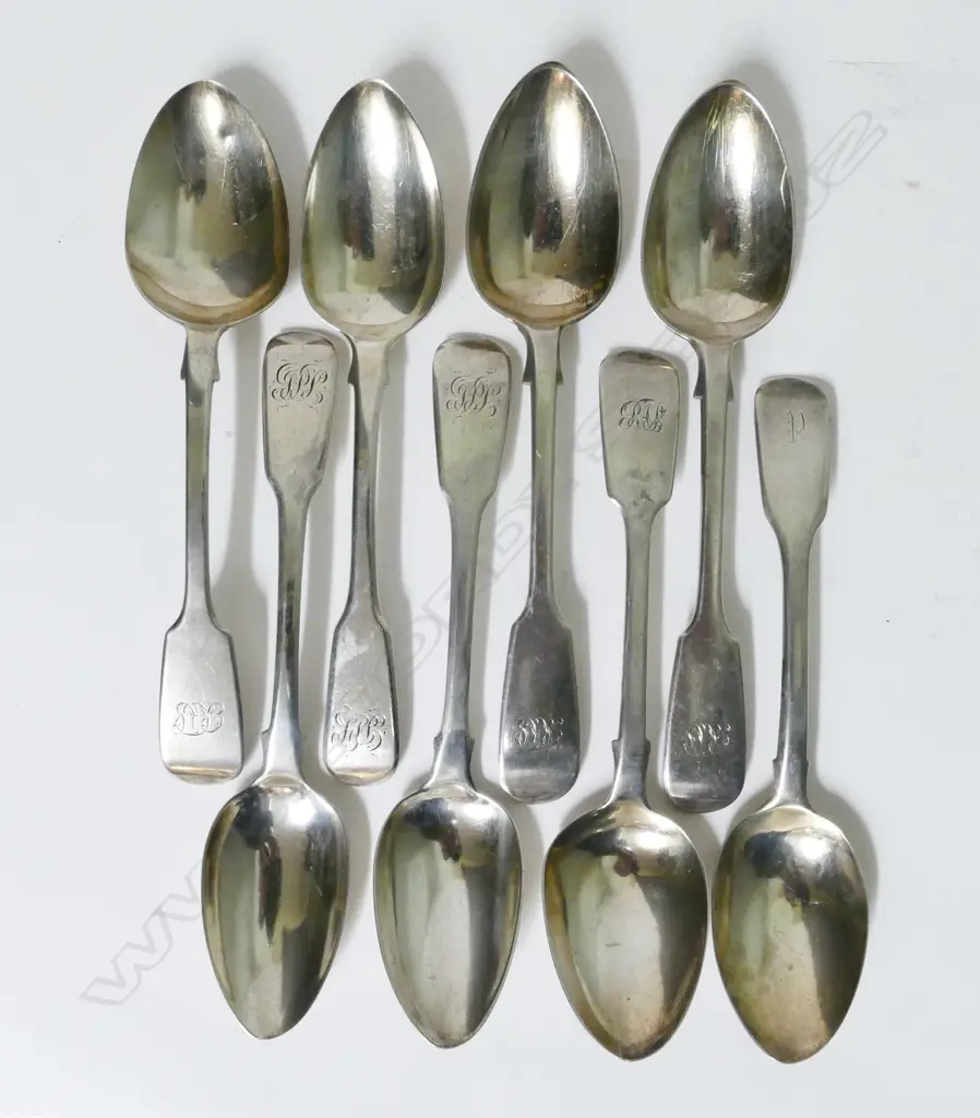 Eight Georgian and Victorian fiddle pattern silver sweetmeat spoons Image 1++