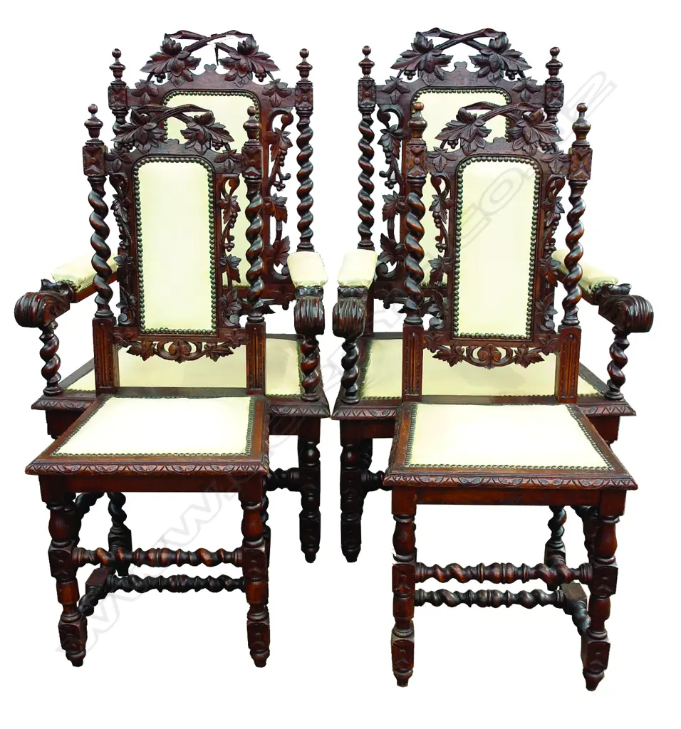 A c.1920s banquet extension oak barley twist dining table and 12 chairs Image 1++