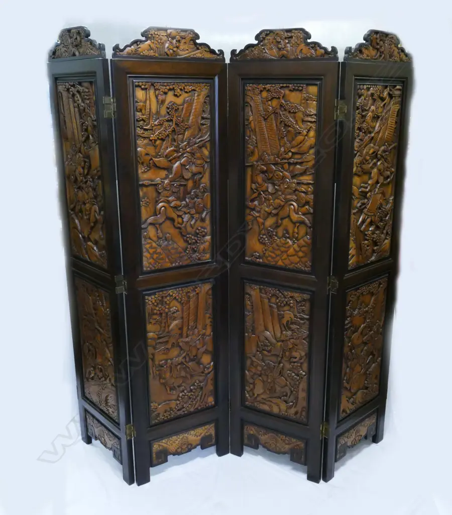 A four-fold carved wooden Oriental screen Image 1++